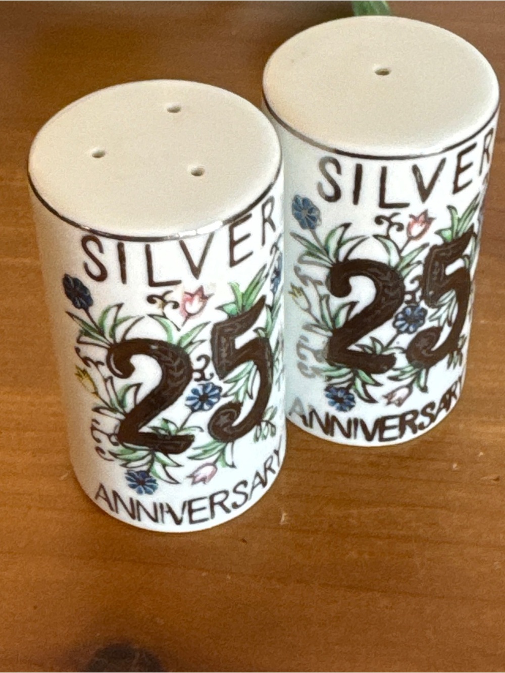 25th Anniversary White Ceramic Salt and Pepper Shaker Set